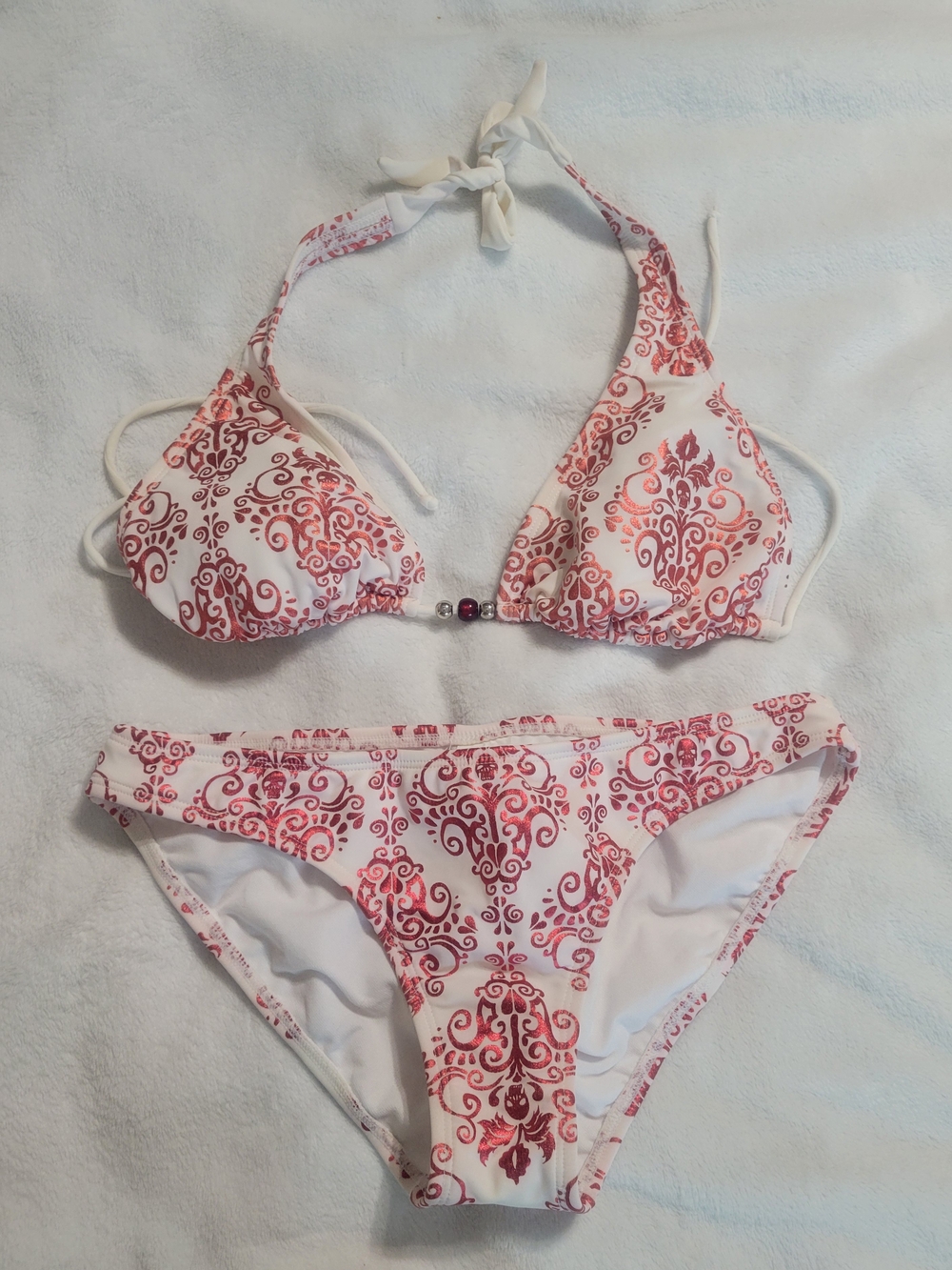 White Bikini Set with Metallic Red Print Size Med